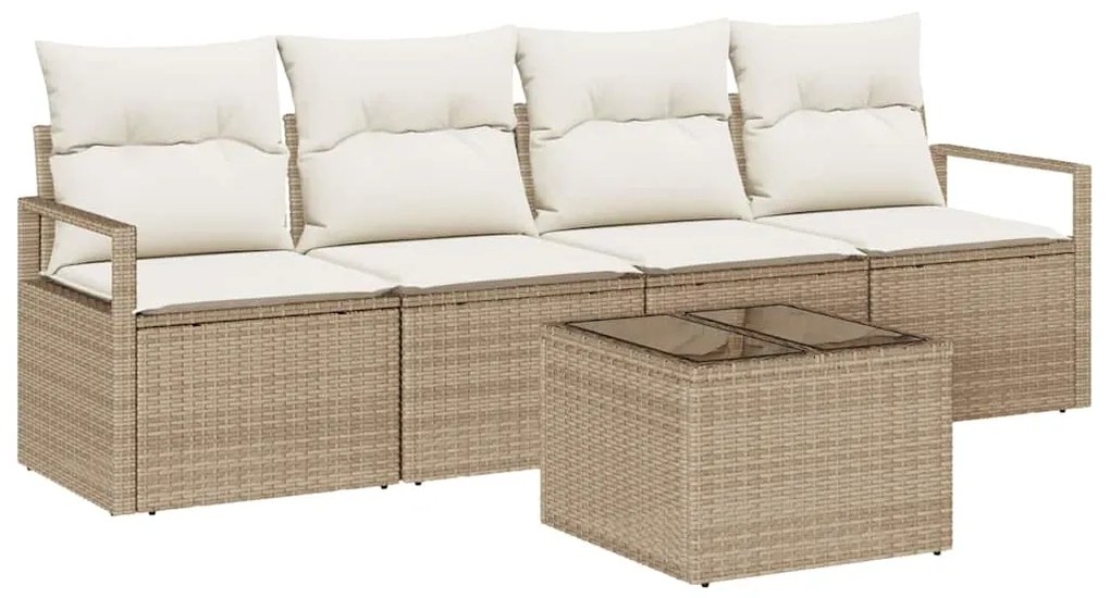 Conjunto de Sofás de Jardim de 5 Peças com Almofadas em Vime Bege