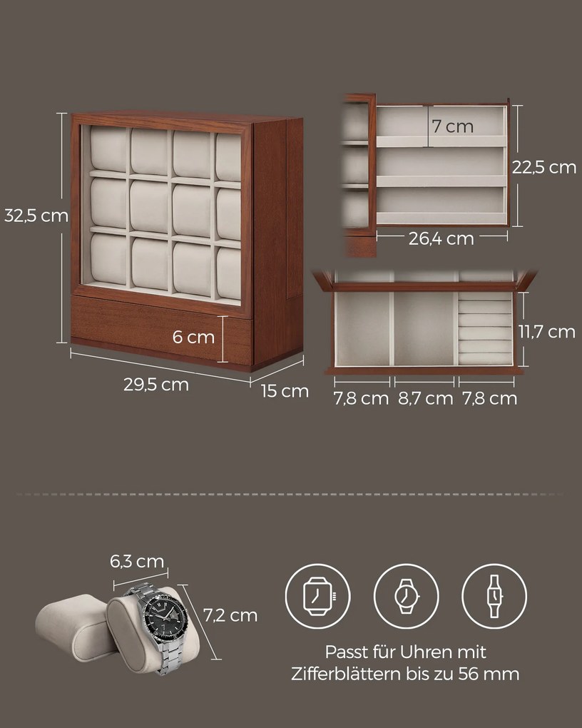 Caixa para relógios 12 compartimentos com janela Ideia para prendas 15 x 29,5 x 32,5 cm castanho