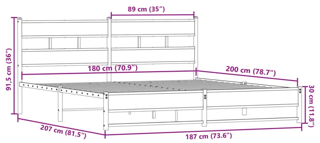 Estrutura de cama sem colchão 180x200cm metal carvalho fumado