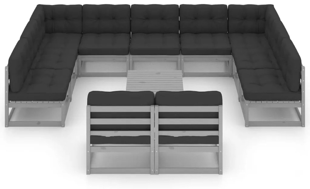 12pcs conjunto lounge de jardim + almofadões pinho maciço cinza