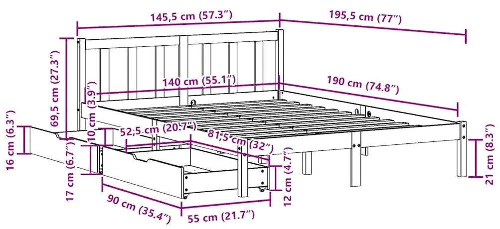 Cama sem colchão 140x190 cm madeira de pinho maciça