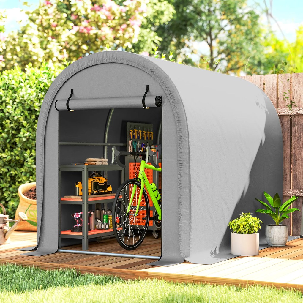 Abrigo de jardim 159 x 240 x 185 cm Tenda de armazenamento em aço galvanizado e LONA PE anti-UV de 160 g/m² para mota e cortador de relva Cinza claro