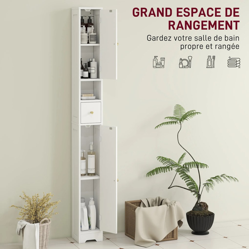 Armário de coluna para casa de banho 20 x 20 x 185 cm, móvel de arrumação, 2 portas, gaveta, compartimento aberto, prateleira ajustável, branco