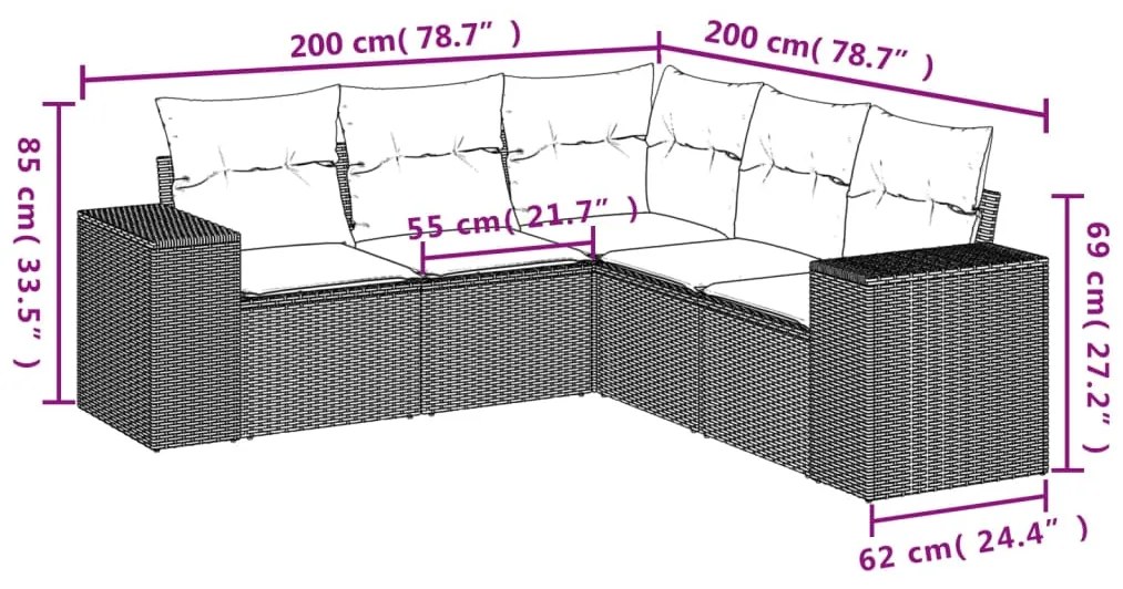 5 pcs conjunto sofás p/ jardim c/ almofadões vime PE castanho