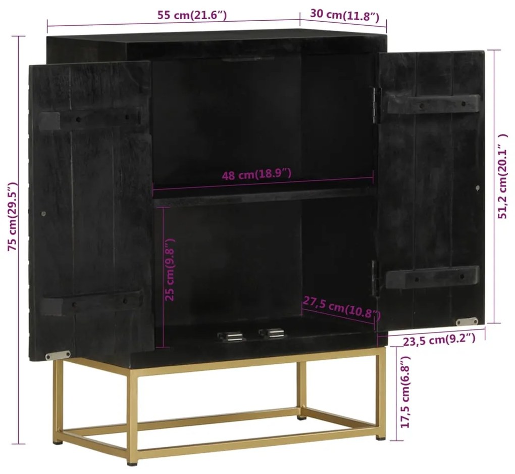 Aparador com 2 portas 55x30x75cm mangueira maciça preto/dourado