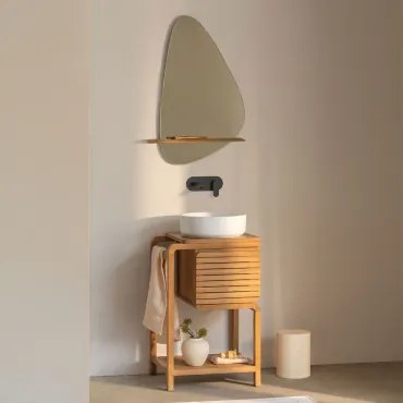 Conjunto De Móvel De Casa De Banho Em Madeira De Teca Bradley Cerâmica Redonda Branca Ø40 Cm Lenka & Preto Mate Embutido Com Válvula De Escoamento Sem