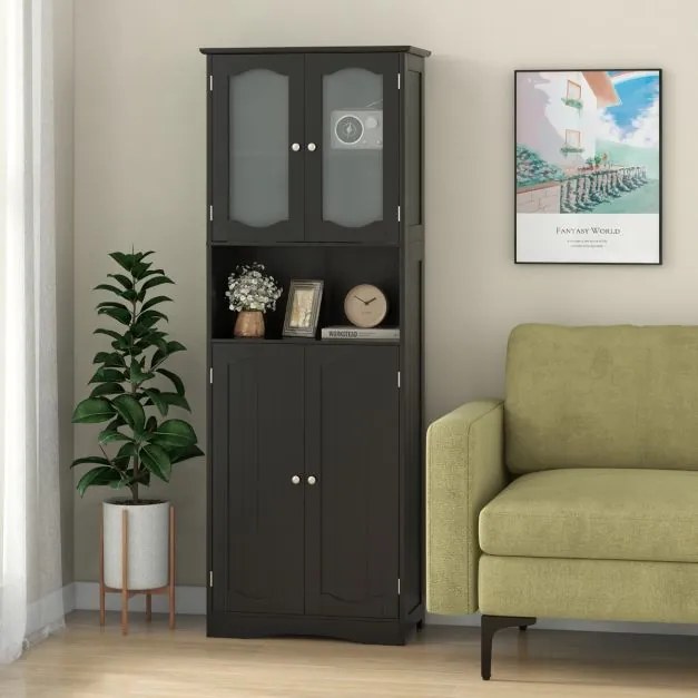 Armário alto 60 x 30 x 164 cm de armazenamento para casa de banho, despensa cozinha ou sala com portas de vidro fosco Preto