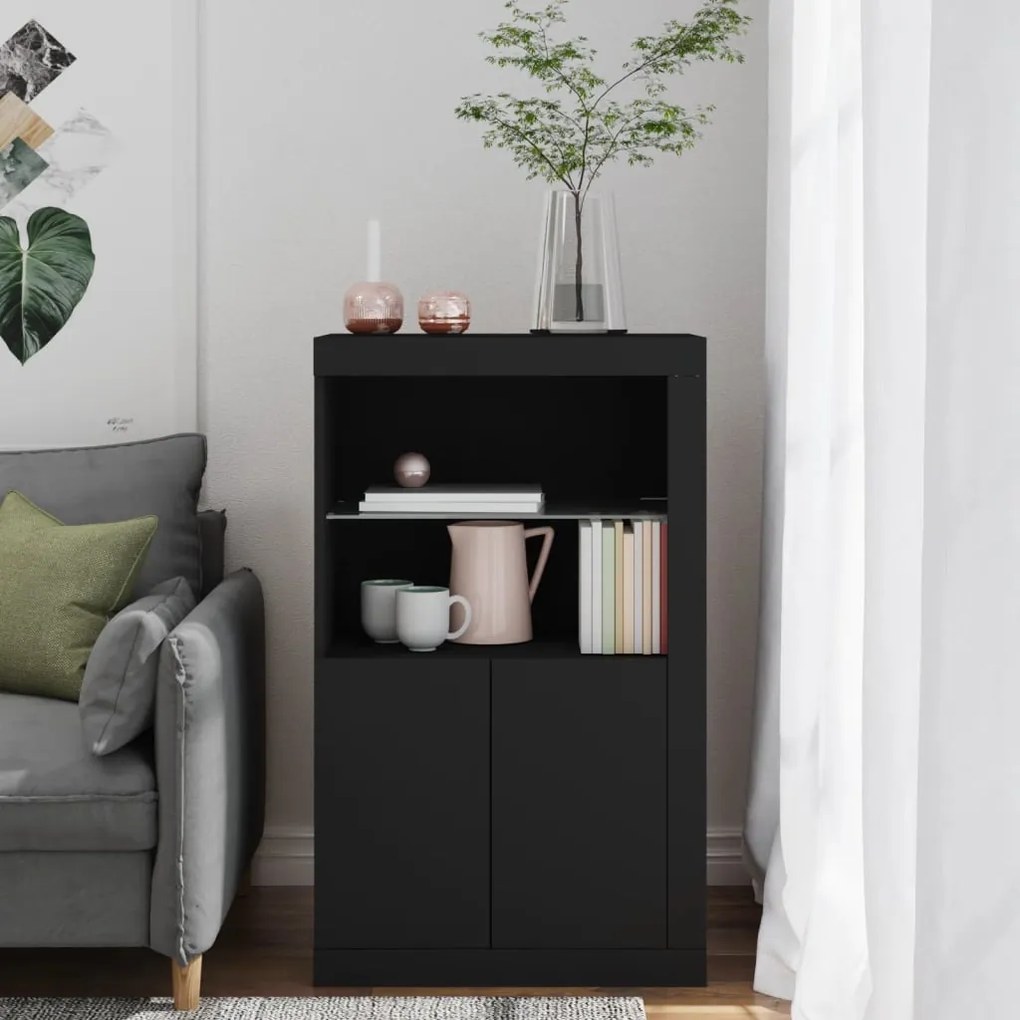 Armário de apoio com luzes LED derivados de madeira preto