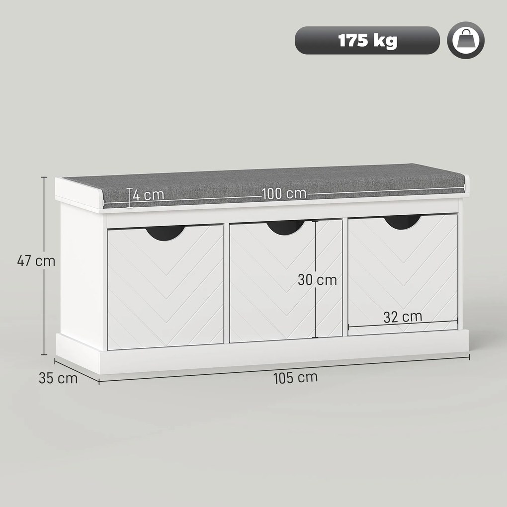Banco para Calçado de Entrada com Arrumação, 105 x 35 x 47 cm, 3 Gavetas Amovíveis, Branco