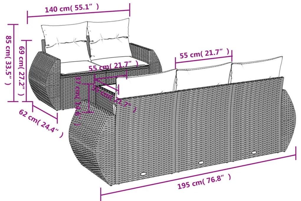 6 pcs conjunto de sofás p/ jardim com almofadões vime PE bege