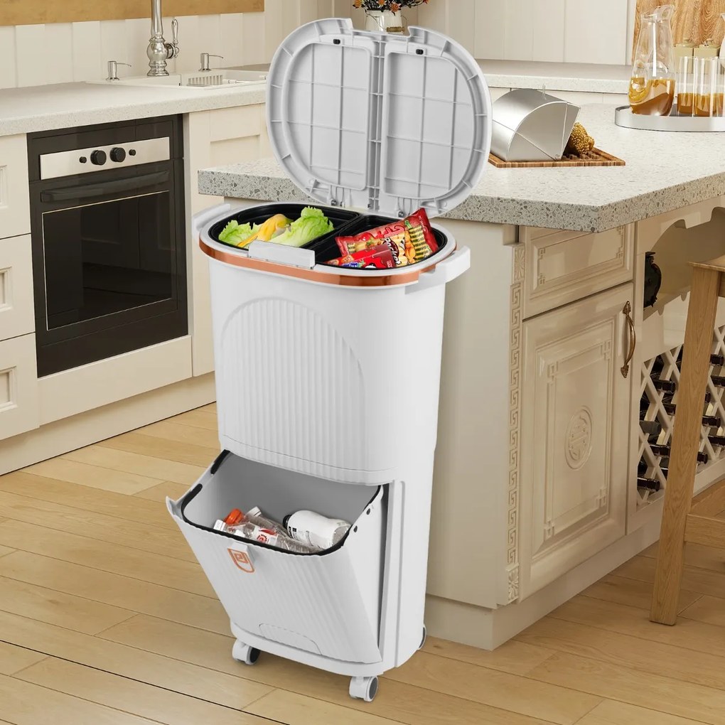 Caixote do lixo de 38 L com duas camadas, 2 caixotes removíveis, pedal e rodas para sala, cozinha e casa de banho, branco