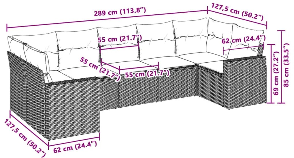 7 pcs conj. sofás jardim com almofadões vime PE cinzento-claro