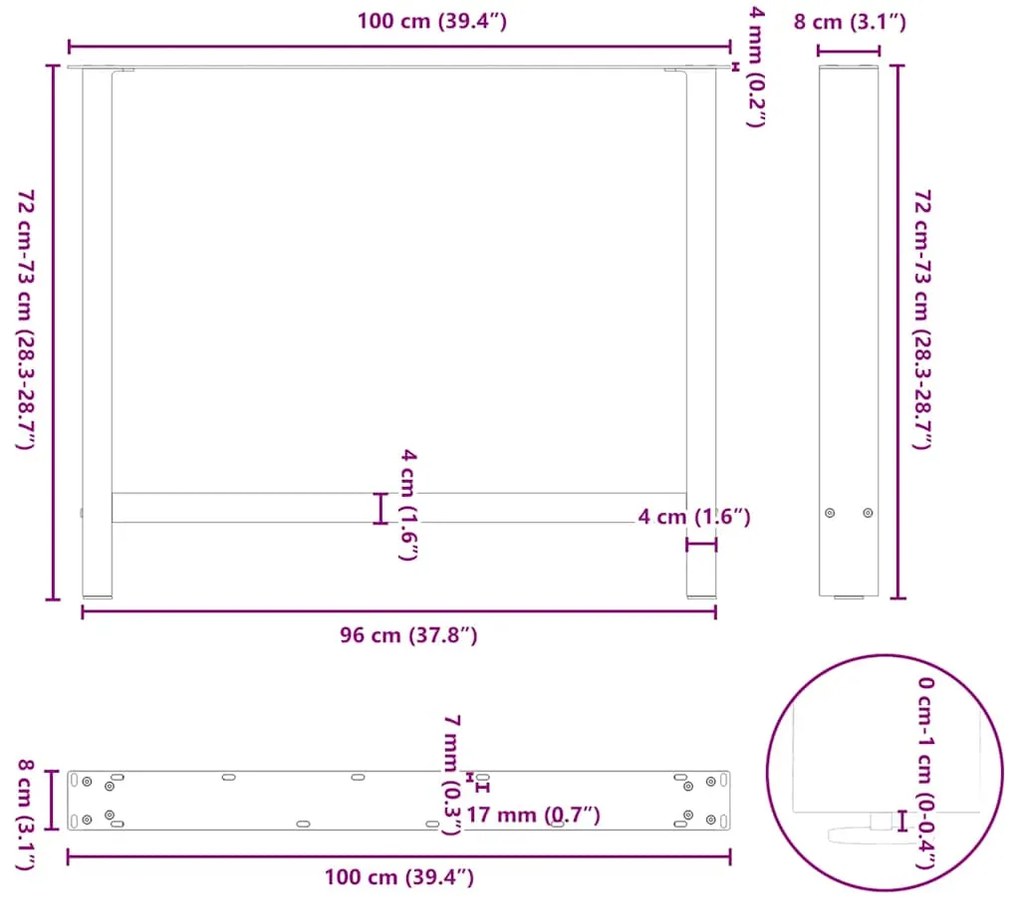 Pés para mesa de jantar em aço natural, 2 peças, 100x(72-73) cm, aço