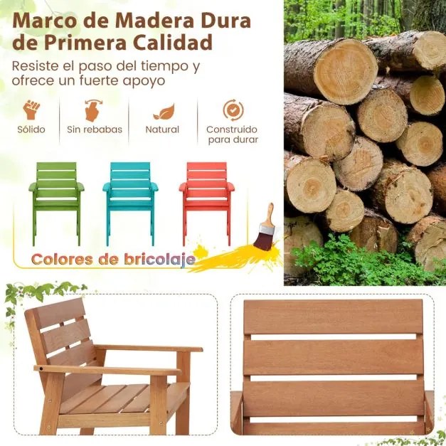 Banco de madeira jardim de 2 lugares com assento de ripas respirável e encosto inclinado ergonómico para pátio e varanda 120,5 x 64 x 84 cm Natural