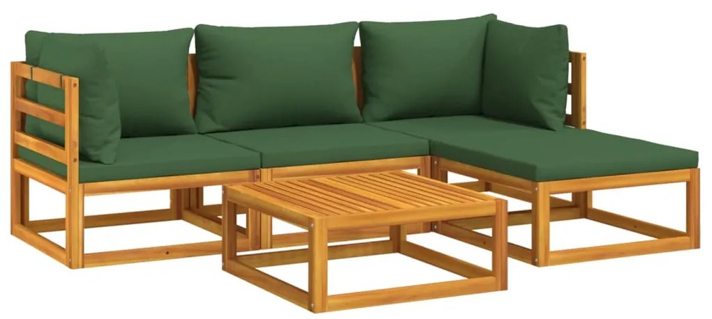 5 pcs conj. lounge jardim madeira c/almofadões verdes