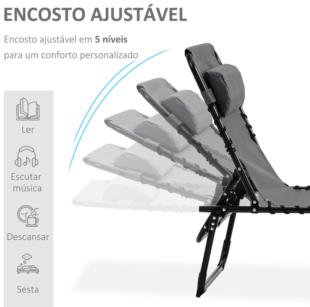 Espreguiçadeira Dobrável de Jardim com Encosto Ajustável Apoio para a Cabeça Acolchoado Bolso Lateral 185x58x30 cm Cinza