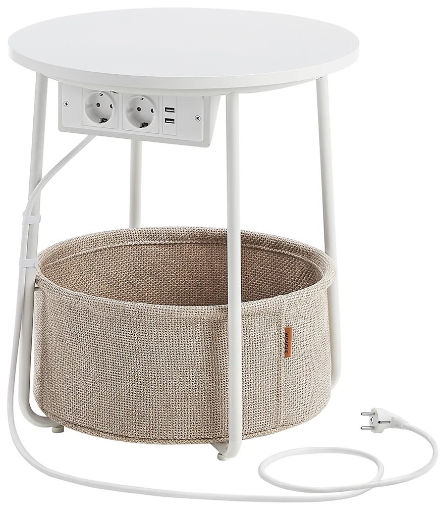 Mesa de apoio redonda com cesto têxtil e tomada integrada | VASAGLE | 45 x 45 x 50 cm | branco mate e castanho camel | LET228W02.