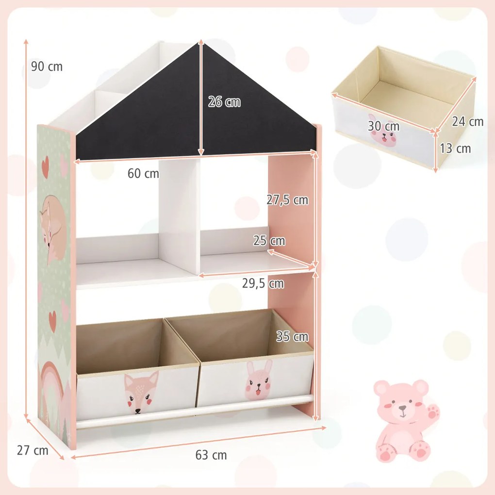 Estante em forma de casa para crianças Organizador de brinquedos em madeira com quadro branco 4 compartimentos 2 gavetas Rosa