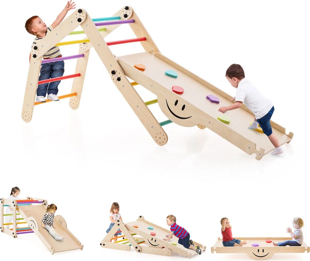 Conjunto de Escalada Montessori para crianças de Madeira Dobrável com Rampa Ajustável Baloiço de Escalada Reversível para Crianças Multicolorido