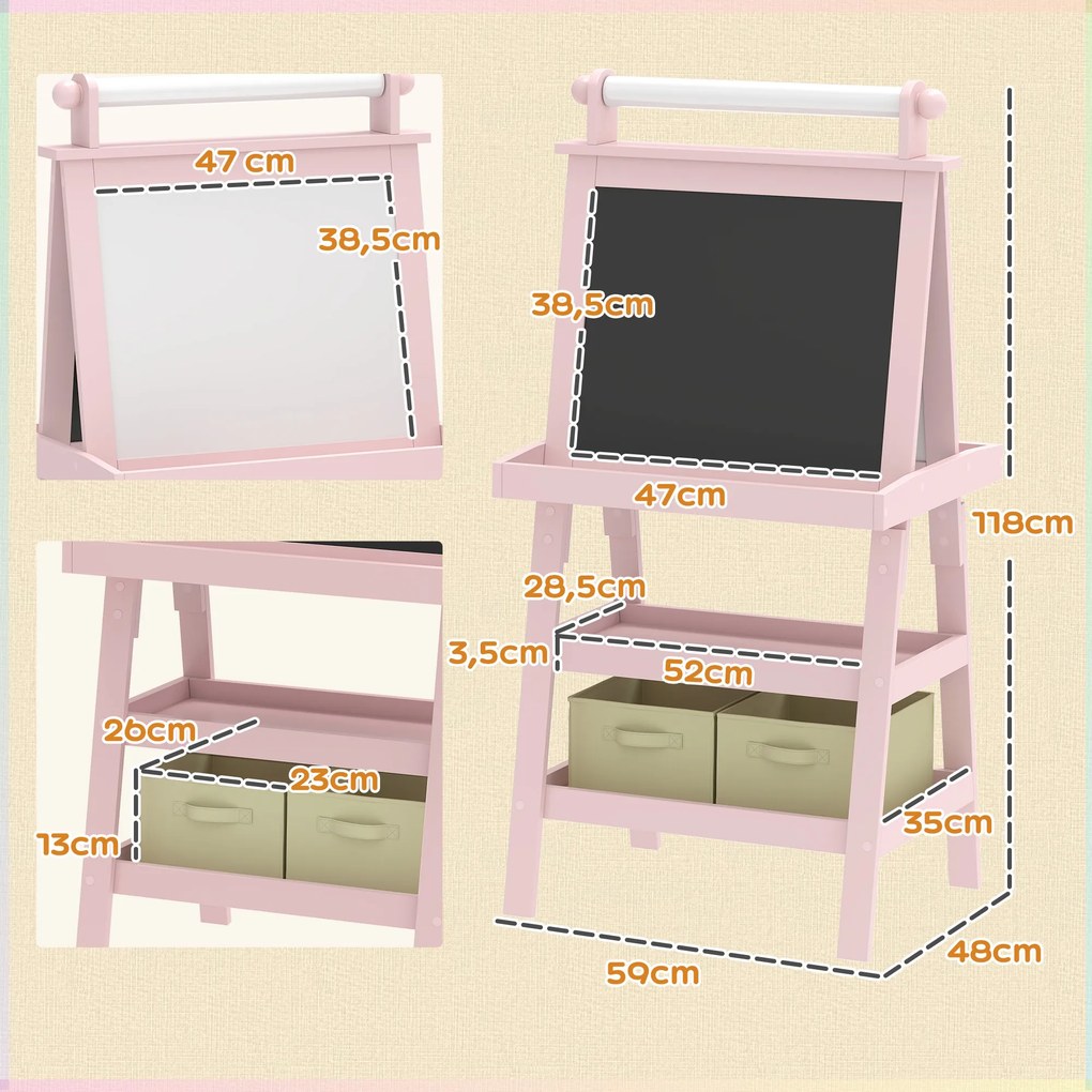 Cavalete de Pintura Infantil 3 em 1 Quadro Dupla Face com Rolo de Papel e Cestos de Arrumação Rosa