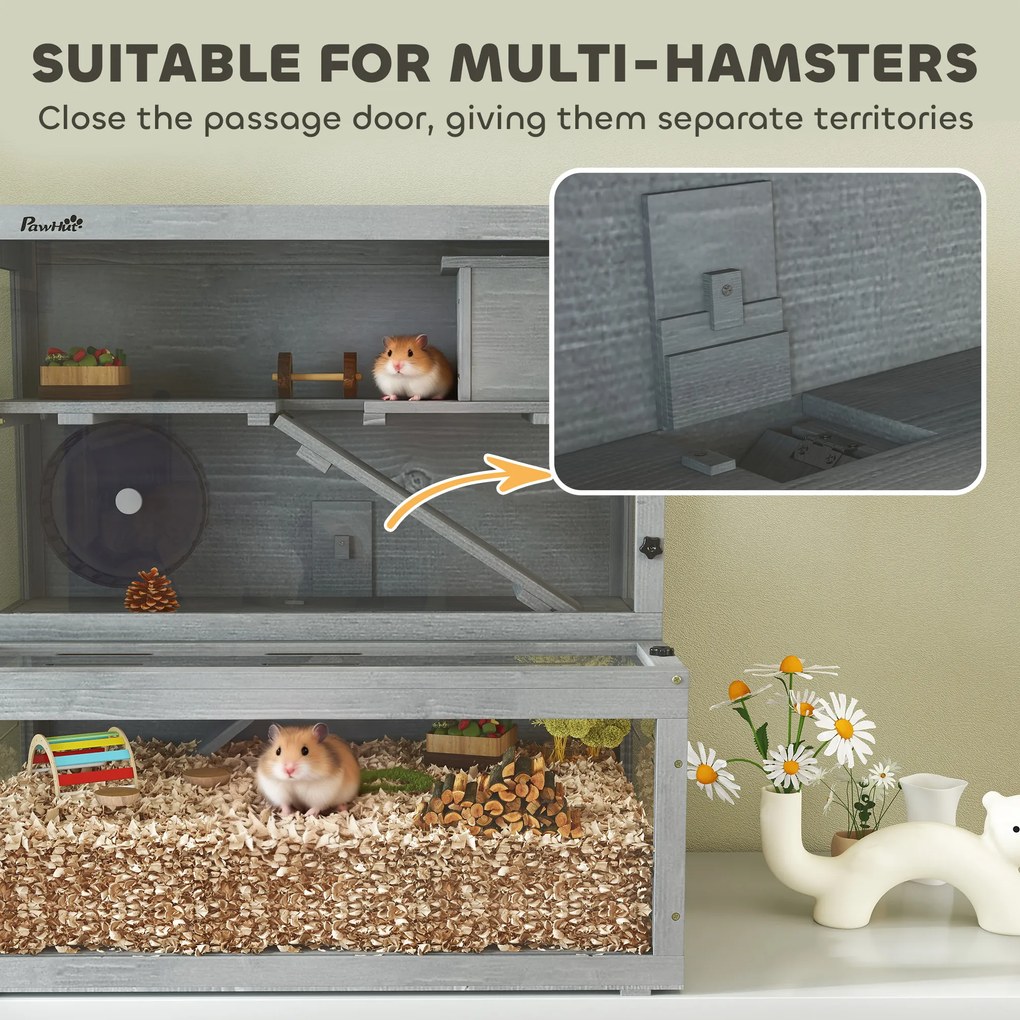 Gaiola de madeira para hamsters 80 x 50 x 84 cm, 3 níveis com casinha, roda, rampas, painel transparente, espaços separados, cinzenta