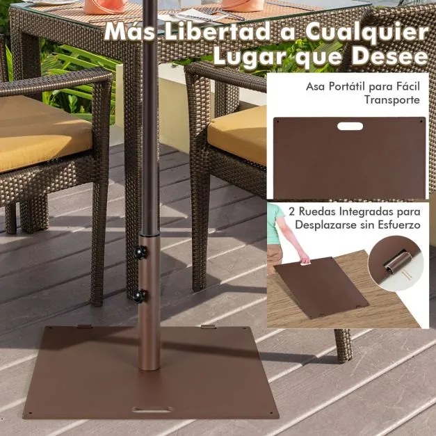 Base de guarda-sol 22,5 kg quadrada de 60 cm com adaptadores de 4 cm e 5 cm 2 botões de fixação 2 rodas Castanho