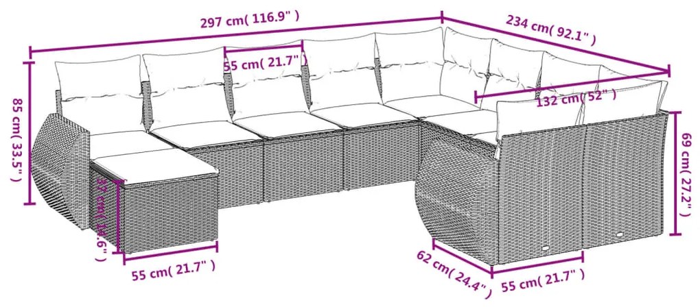 10 pcs conjunto sofás de jardim c/ almofadões vime PE preto