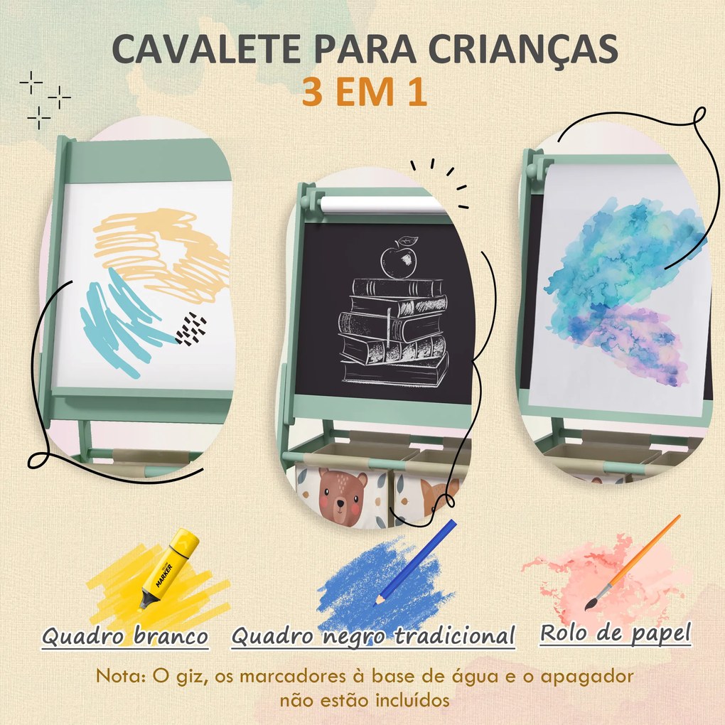 Cavalete para Crianças 3 em 1 Cavalete de Arte com Rolo de Papel Quadro e 2 Cestas de Armazenamento 54x46,5x93 cm Verde