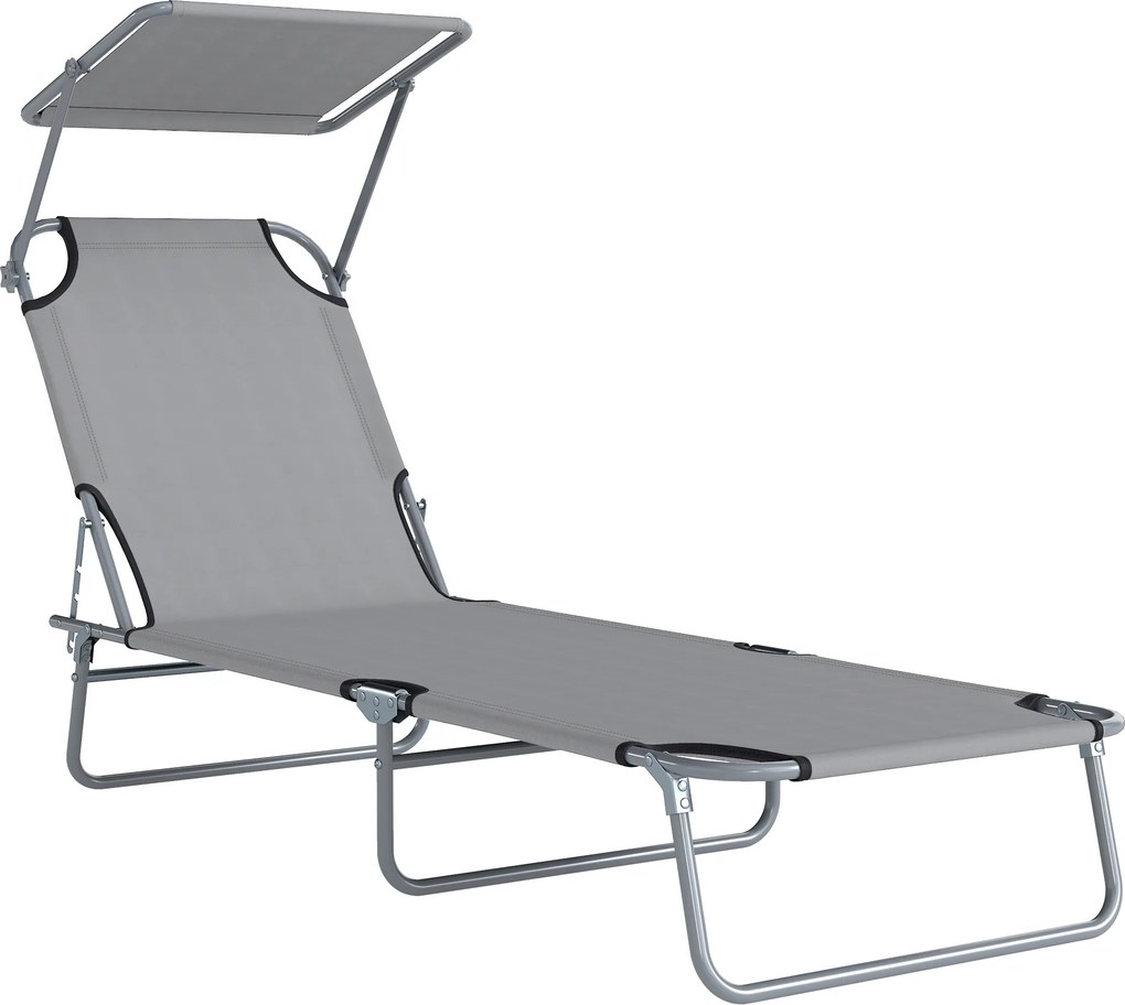 Outsunny Espreguiçadeira Jardim Dobrável de Praia Toldo Removível Ajustável Encosto 4 Posições Exterior 187x58x36cm Cinza Claro | Aosom Portugal