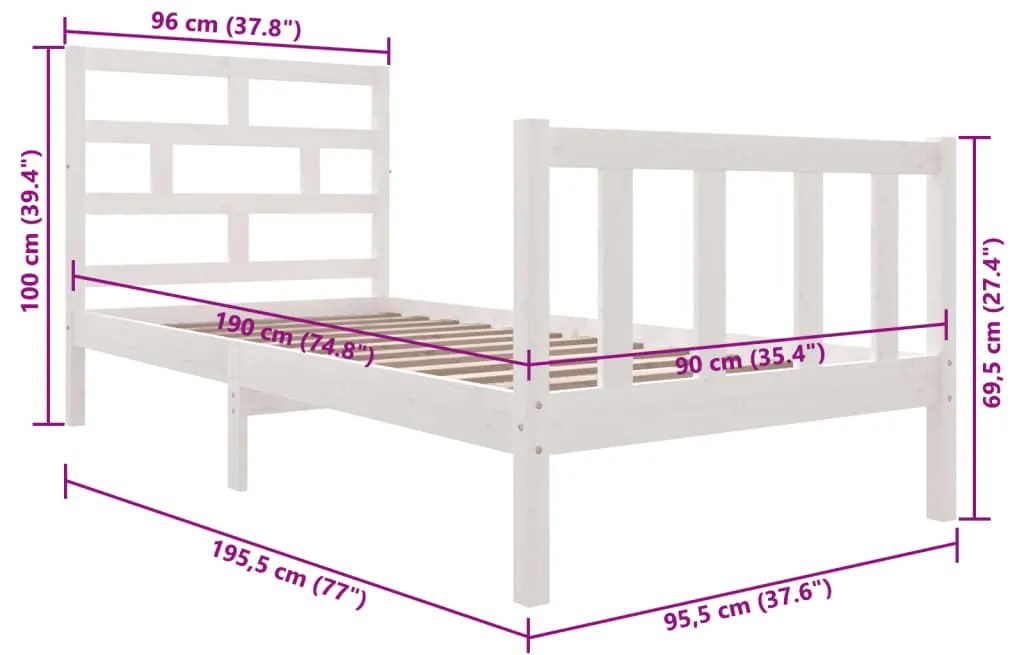 Estrutura de cama solteiro 90x190 cm pinho maciço branco