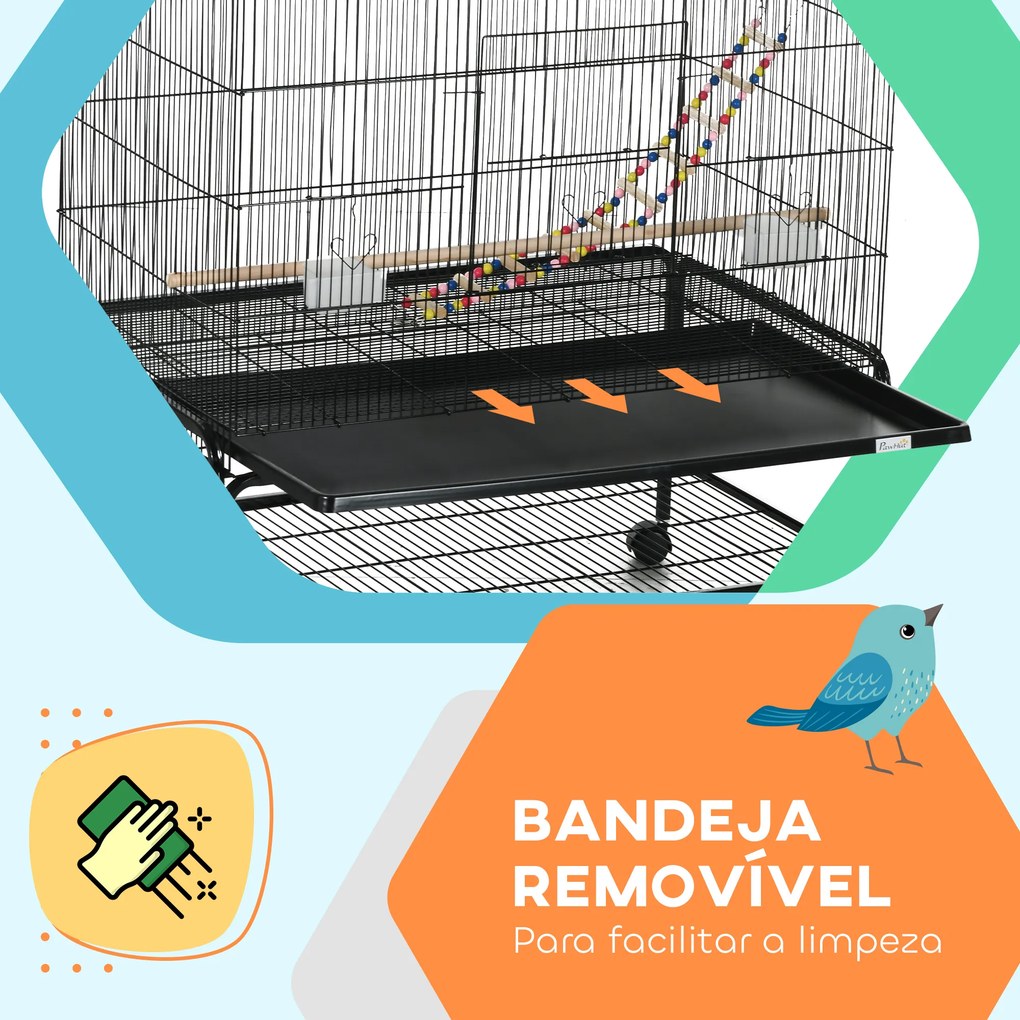 Gaiola para Pássaros com Rodas Comedouros Poleiros Prateleira Inferior Bandeja Removível 97x58x160 cm Preto
