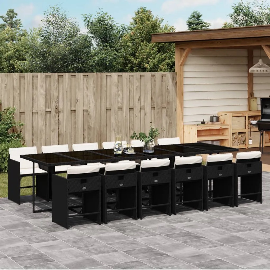 vidaXL 13 pcs conjunto de jantar p/jardim com almofadões vime PE preto