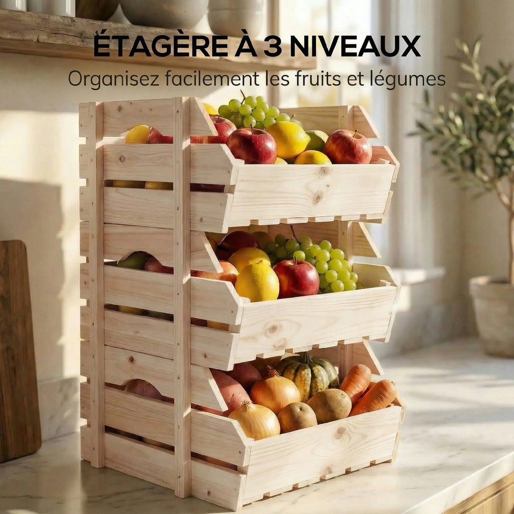 Suporte para cesto de frutas em madeira de abeto com 3 andares removíveis 27 x 37,5 x 60 cm, para frutas e legumes, natural