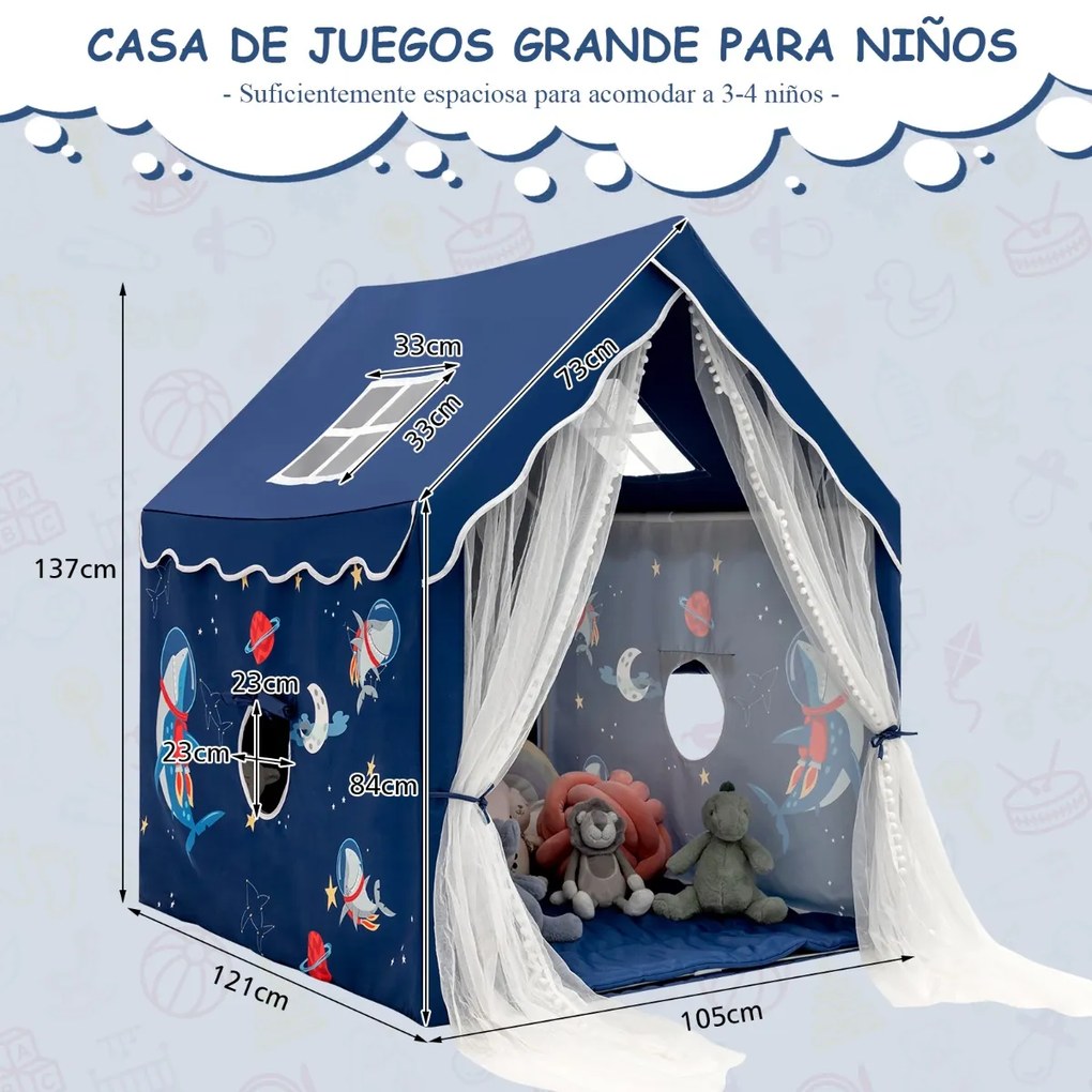 Tenda para crianças com tapete almofadado amovível 121 x 105 x 137 cm Azul