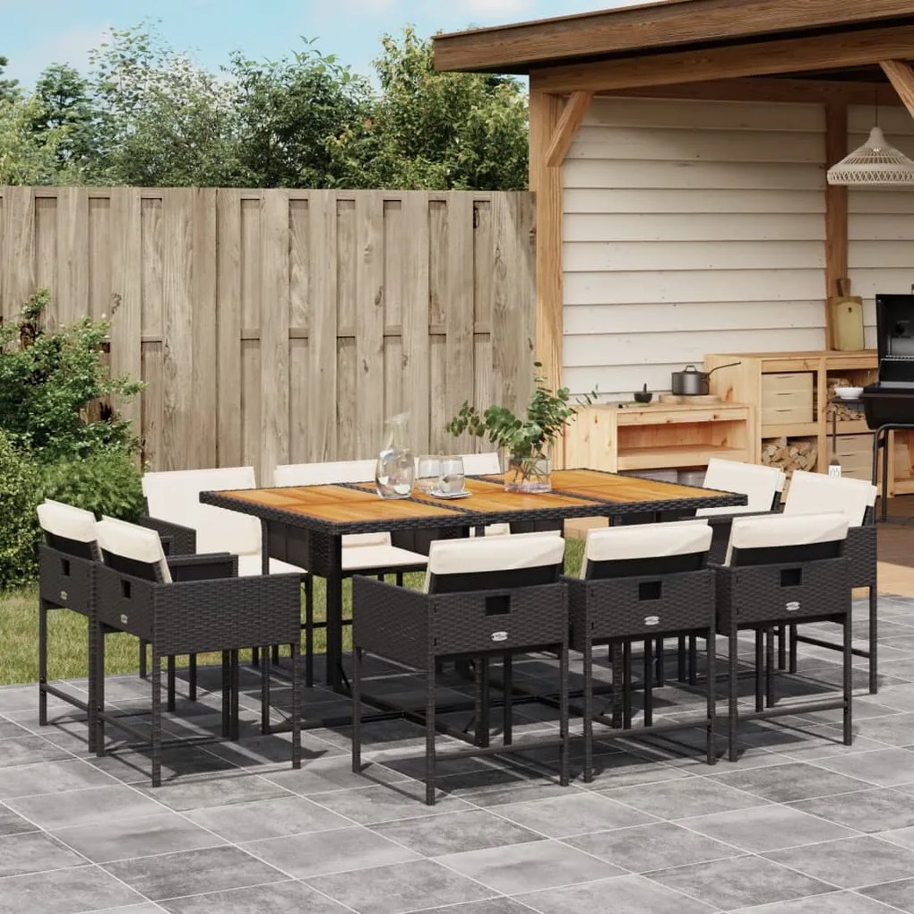 11 pcs conjunto de jantar p/ jardim c/ almofadões vime PE preto