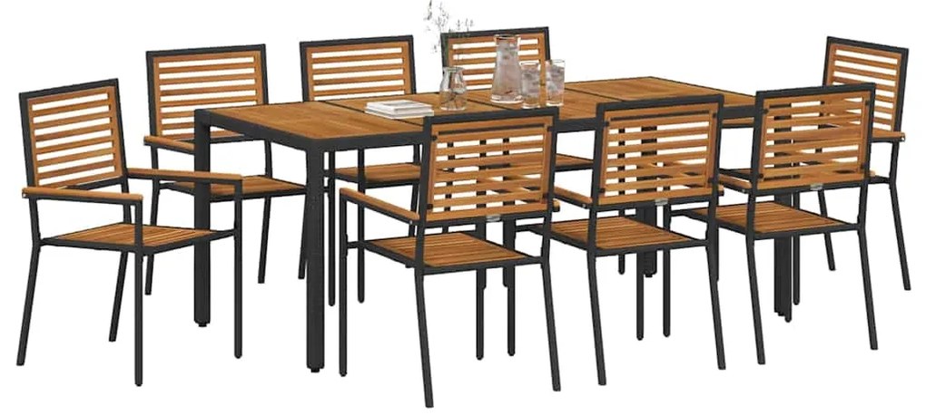 Conjunto de Jantar para Jardim vidaXL 9 Peças Preto Polyrattan Acácia
