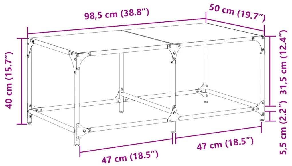 Mesa de centro com topo em vidro preto 98,5x50x40 cm aço