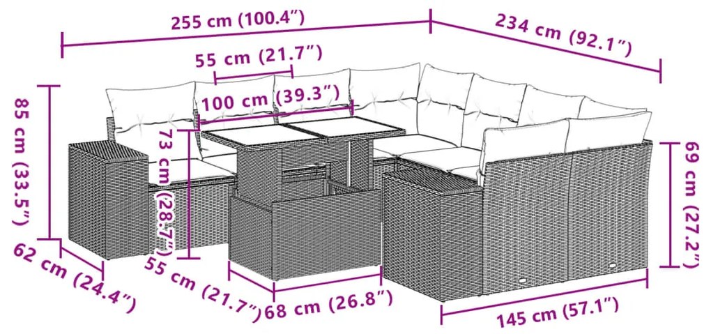 9 pcs conjunto de sofás p/ jardim com almofadões vime PE bege