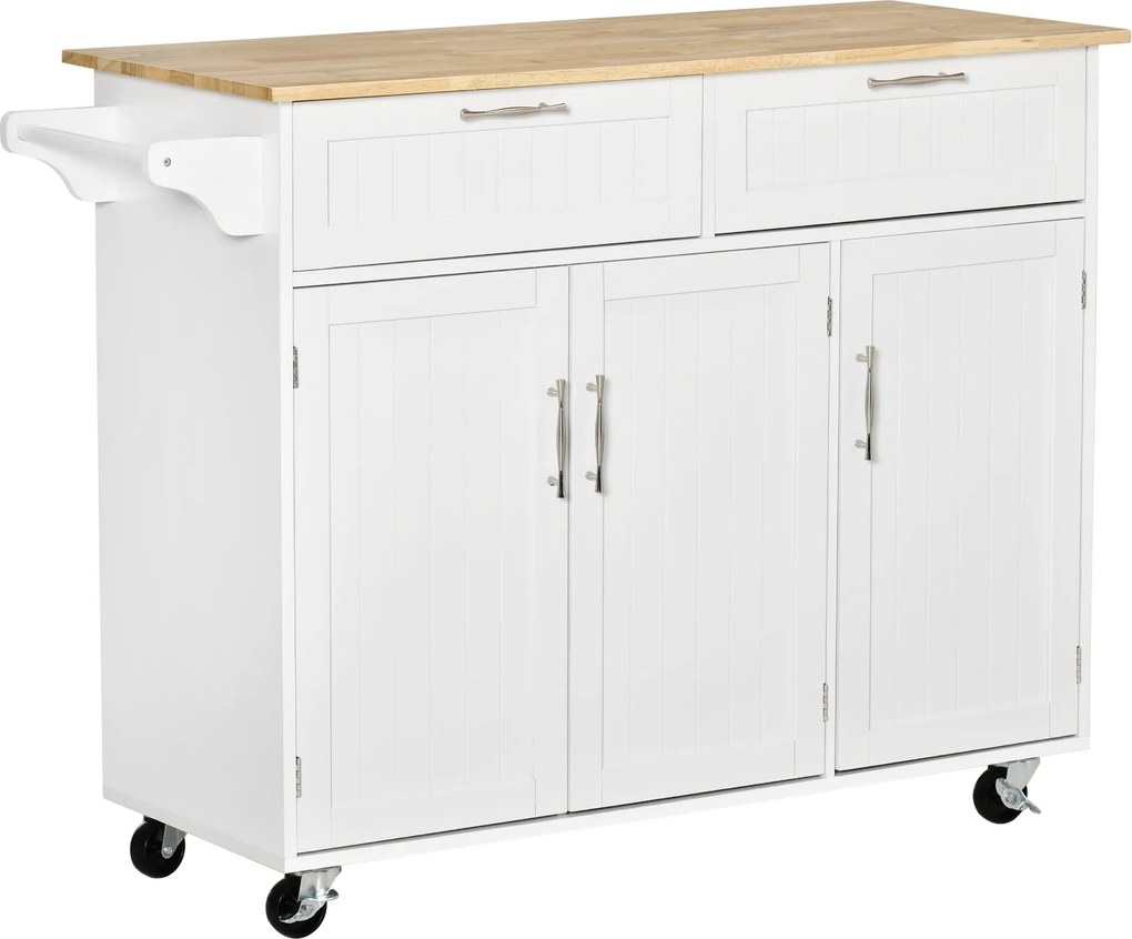 HOMCOM Carrinho de Cozinha com Rodas 2 Gavetas 3 Portas Prateleiras Ajustáveis e Barra para Sala de Jantar 121x46x91 cm Branco | Aosom Portugal