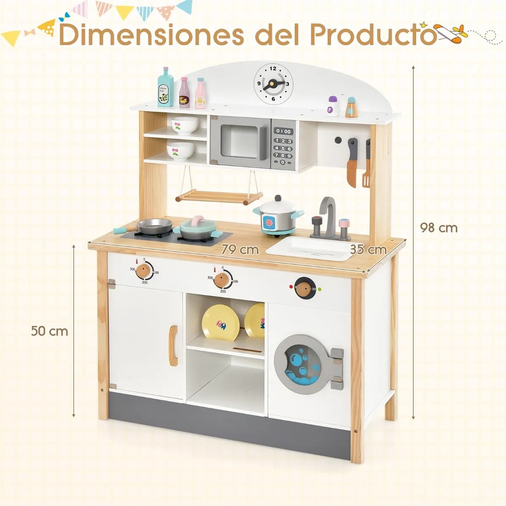 Cozinha de brincar para crianças de 3 anos Cozinha de brincar em madeira com micro-ondas, máquina de lavar roupa, escorredor Simulado 79 x 35 x 98 cm