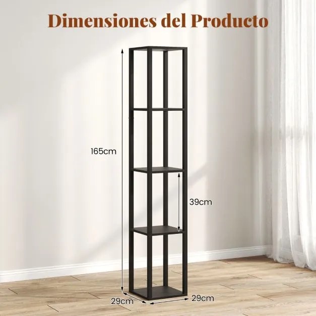 Candeeiro de pé 29 x 29 x 165 cm com prateleiras de 4 níveis Luz LED com 3 intensidades e interruptor de pé para quarto ou sala Preto