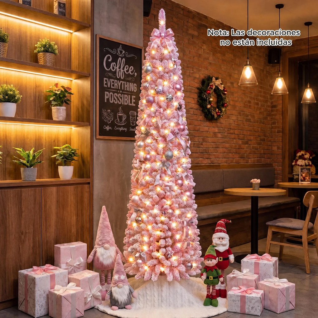Árvore de Natal Artificial Tipo Lápis, 50 x 50 x 210 cm, Iluminação LED Integrada, Rosa