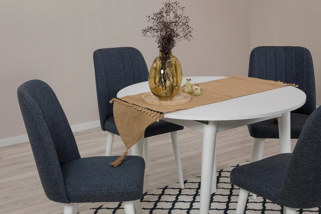 Conjunto de Mesa de Jantar Extensível e Cadeiras Vina – Branco e Azul
