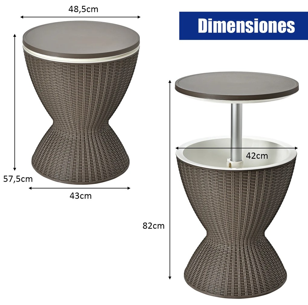 Mesa Geleira de jardim de 30 L Mesa de bar baixa de 30 L com tampo de elevação em imitação de rattan para bebidas e festas Φ 48,5 x 57,5 cm Castanho c