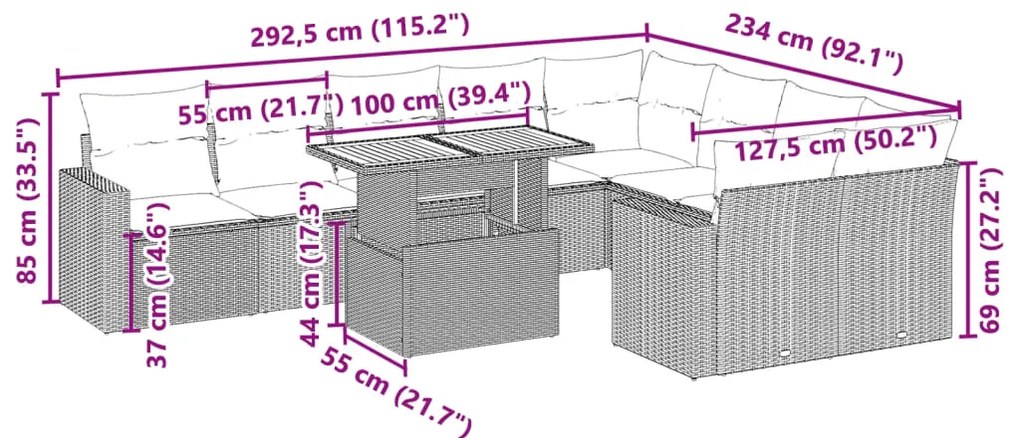 10 pcs conjunto sofás de jardim c/ almofadões vime PE preto
