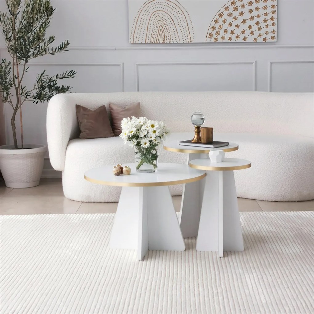 Conjunto de Mesas de Café Mushroom - Dourado e Branco - 40x50x40 cm e