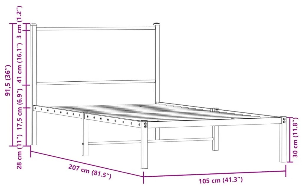 Estrutura de cama com cabeceira 100x200cm metal carvalho sonoma