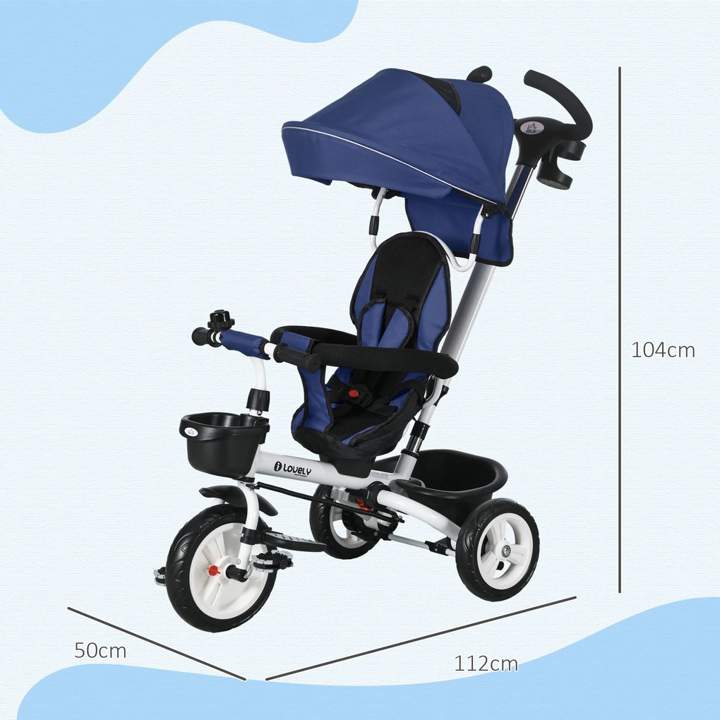 Triciclo para Bebés Dobrável 2 em 1 para Crianças com Toldo Dobrável Guiador Cinto de Segurança 112x50x104 cm Azul