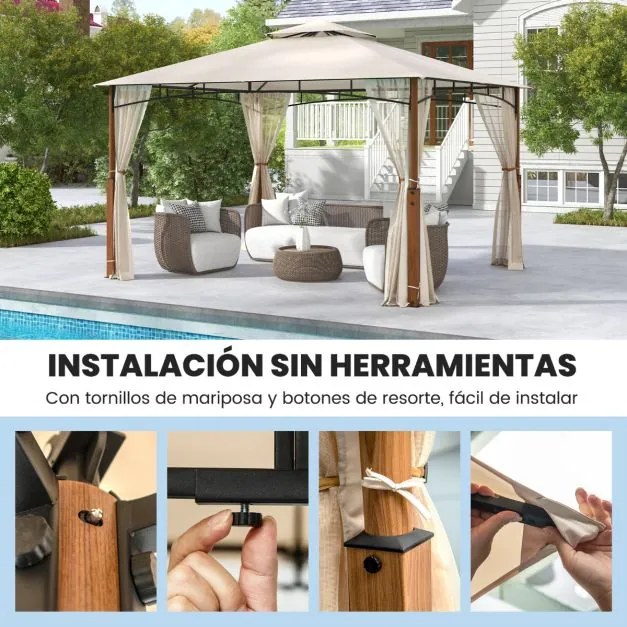 Pérgula 3,6 x 3 m com rede 2 níveis Telhado com estrutura metálica Tenda de jardim com telhado duplo para pátio exterior Terraço Bege