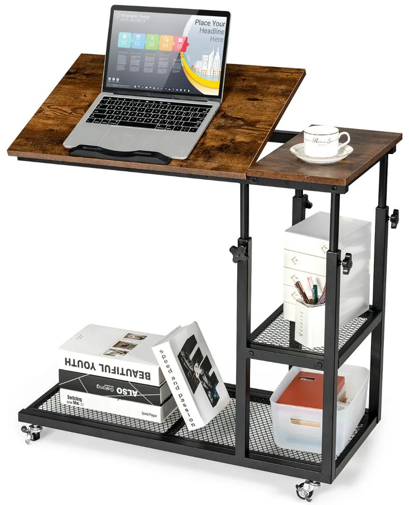 Mesa Lateral em C Ajustável "Alfheimr" - Café, 80x40x64-95cm, Inclináv